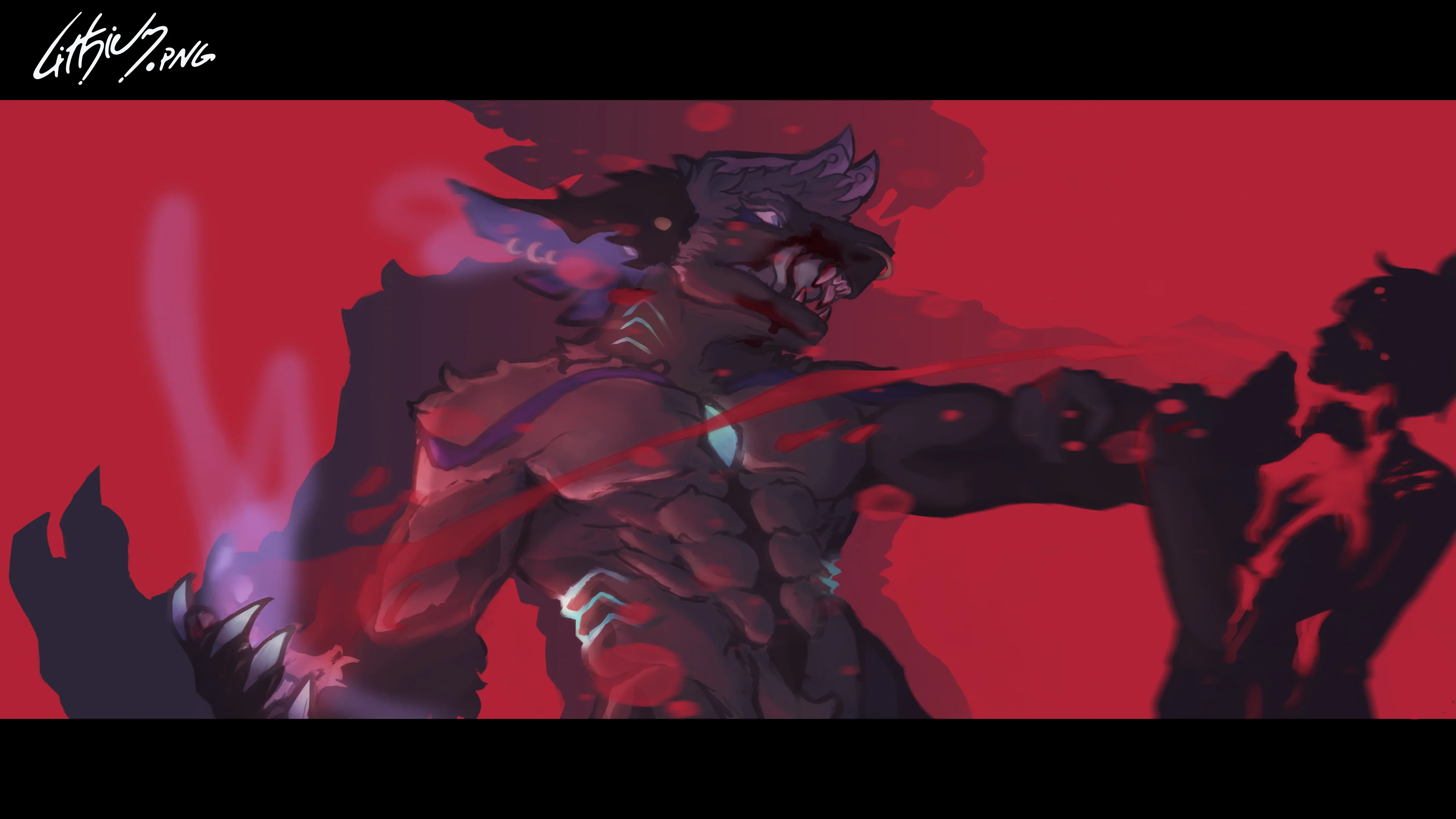 A beefy, wolf-like beast with ripped muscles, glowing red eyes, and sharp chompers stands out against a fiery red backdrop. Its dark fur pops with neon blue and red highlights. The style is bold and dramatic.